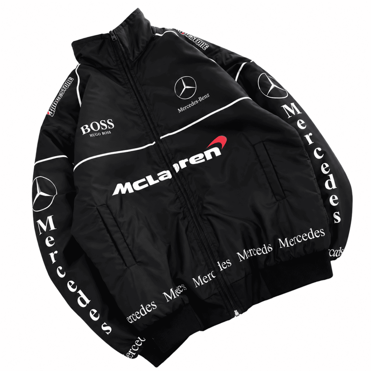 Black Mercedes-Benz branded sports jacket with white logo and sponsor details.