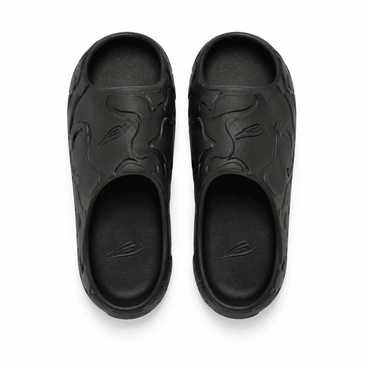 Black Bape Slides with textured design and logo on footbed.