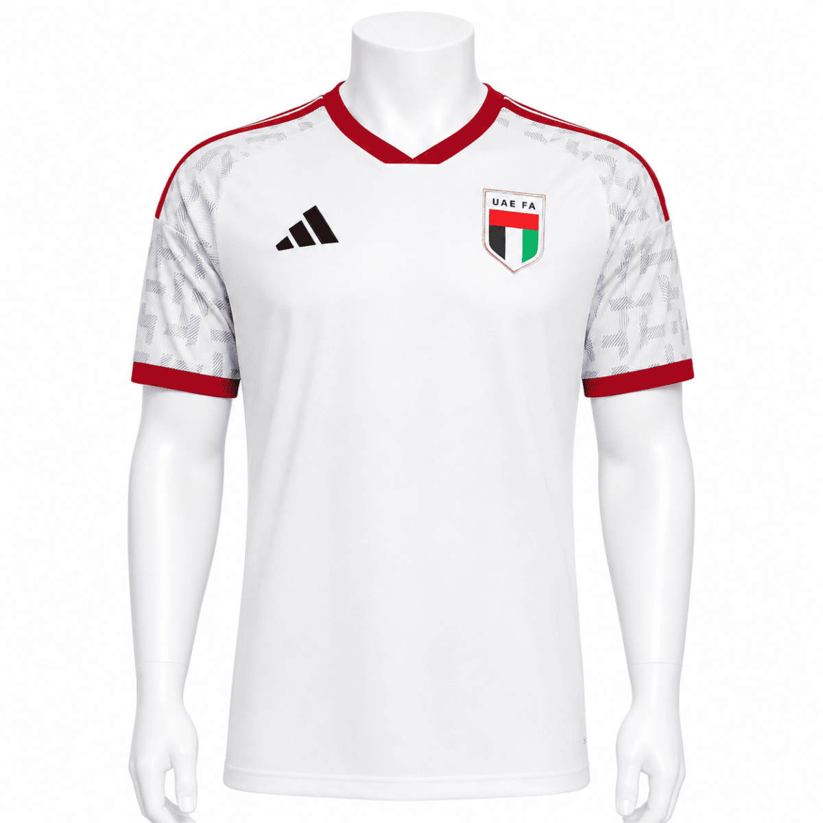 UAE national football team away kit jersey with red and white colors.