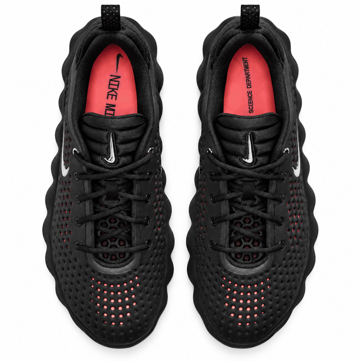Nike Mind 002 black and hyper crimson running shoes with perforated upper.
