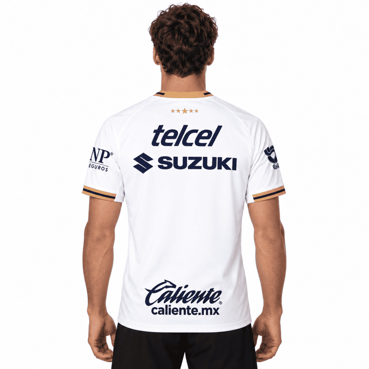 Pumas UNAM away football jersey with sponsor logos, back view, white with black and gold accents.