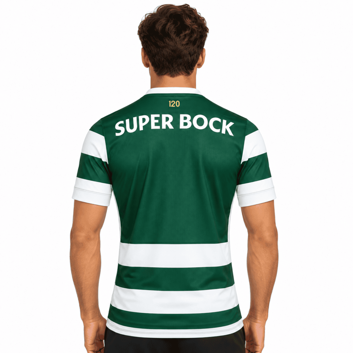Sporting Lisbon home jersey 2026/27 with green and white stripes, 'SUPER BOCK' sponsor.