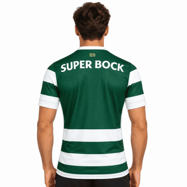 Sporting Lisbon home jersey 2026/27 with green and white stripes, 'SUPER BOCK' sponsor.