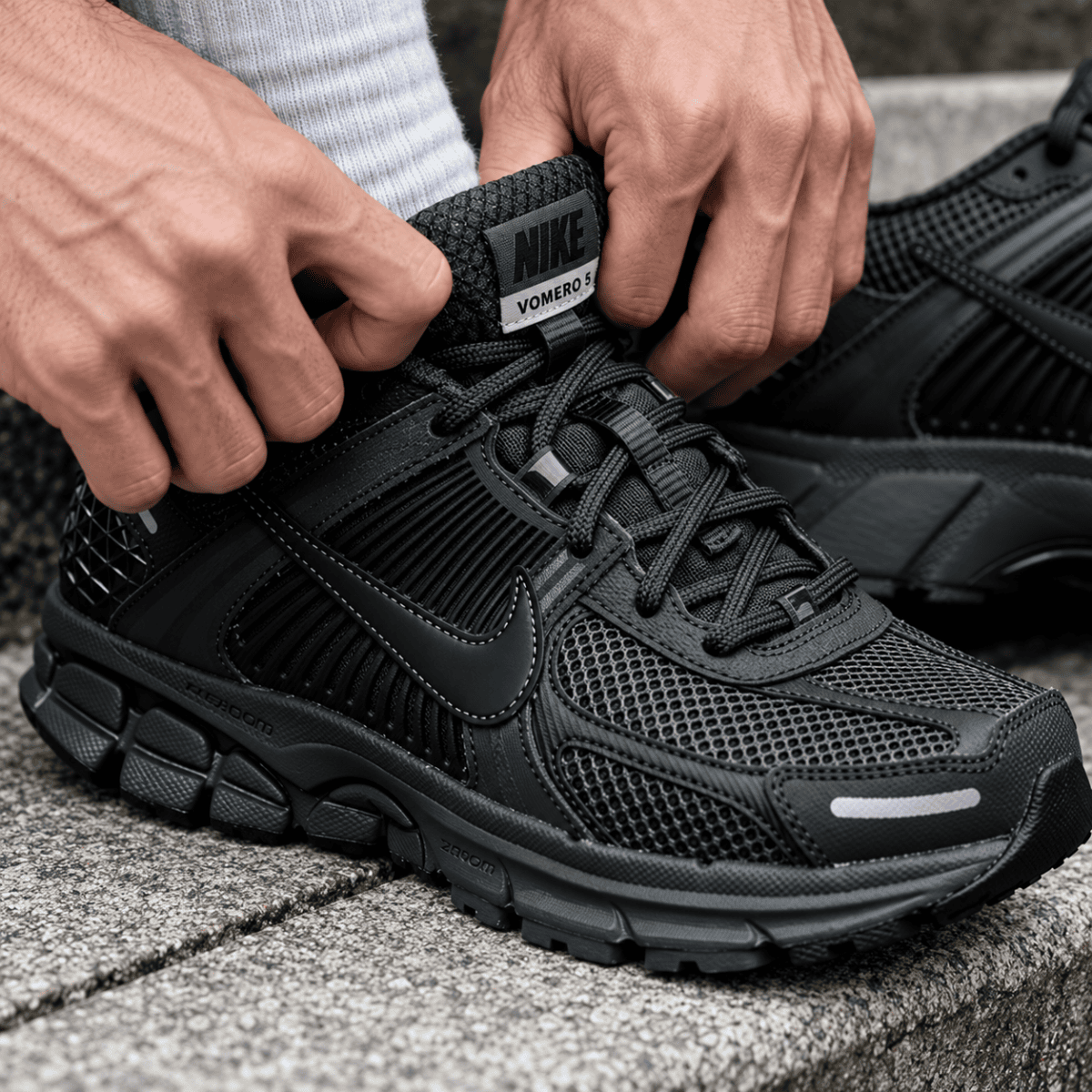 Close-up of black Nike Zoom Vomero 5 sneakers on concrete surface.