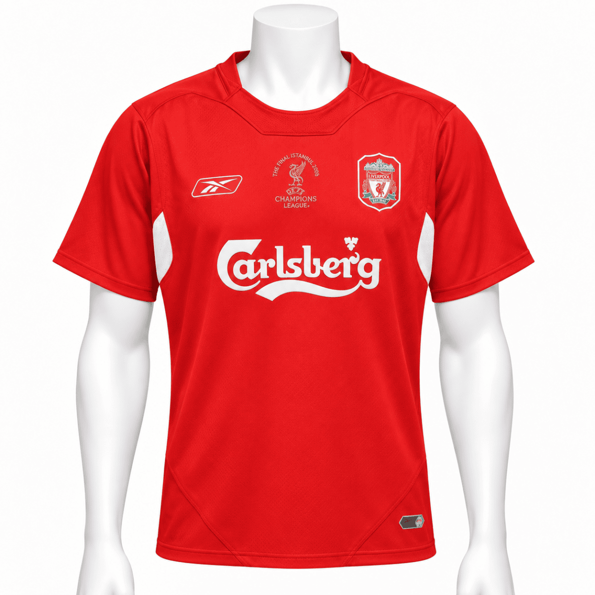 Liverpool home football jersey with Carlsberg logo and club crest, 2005 season.