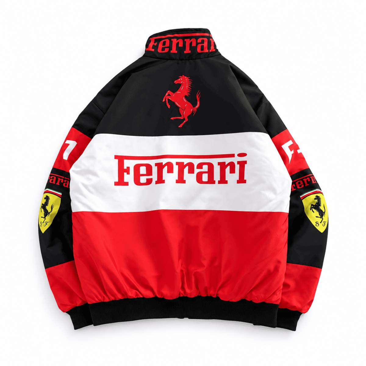Ferrari branded jacket with red, black, and white colors, Ferrari logo, and sponsor text.