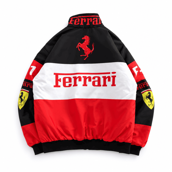 Ferrari branded jacket with red, black, and white colors, Ferrari logo, and sponsor text.