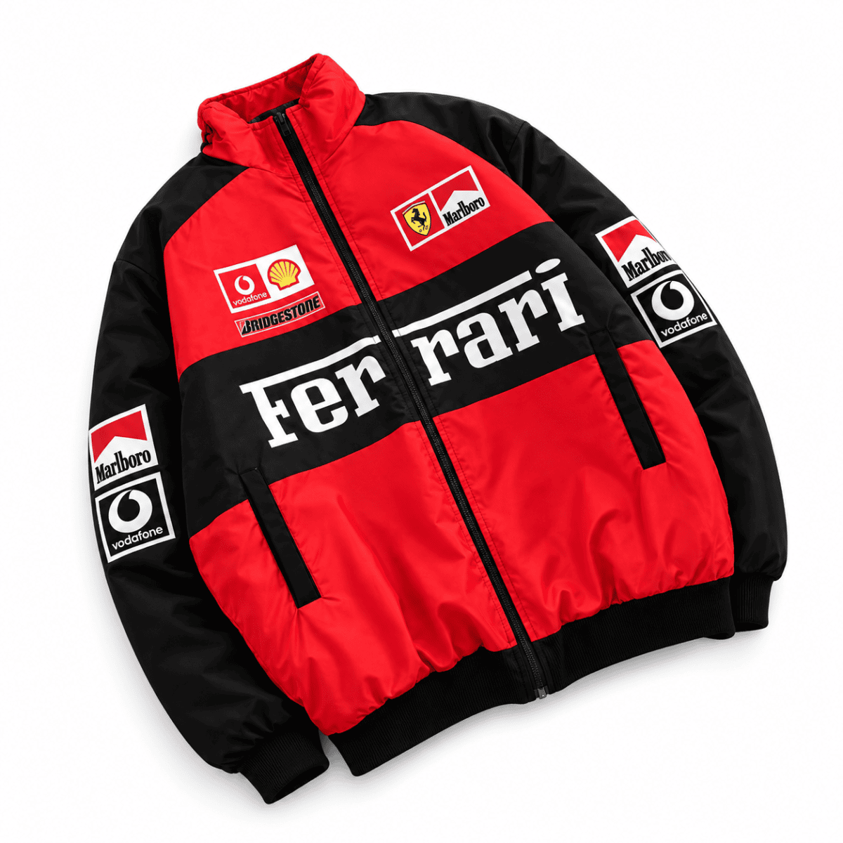 Red and black Ferrari Formula 1 team jacket with sponsor logos.
