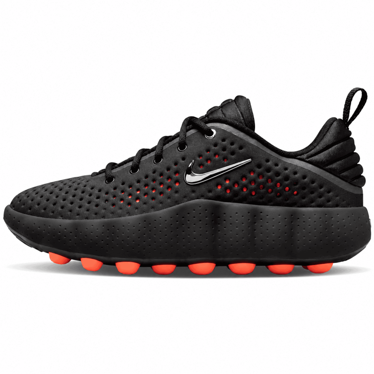 Nike Mind 002 black and crimson running shoe with perforated upper and orange sole.