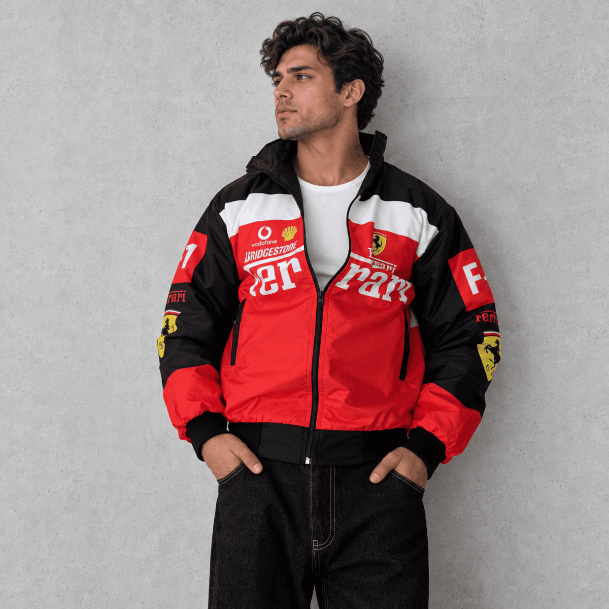 Ferrari Formula 1 team jacket with red, black, and white colors and sponsor logos.