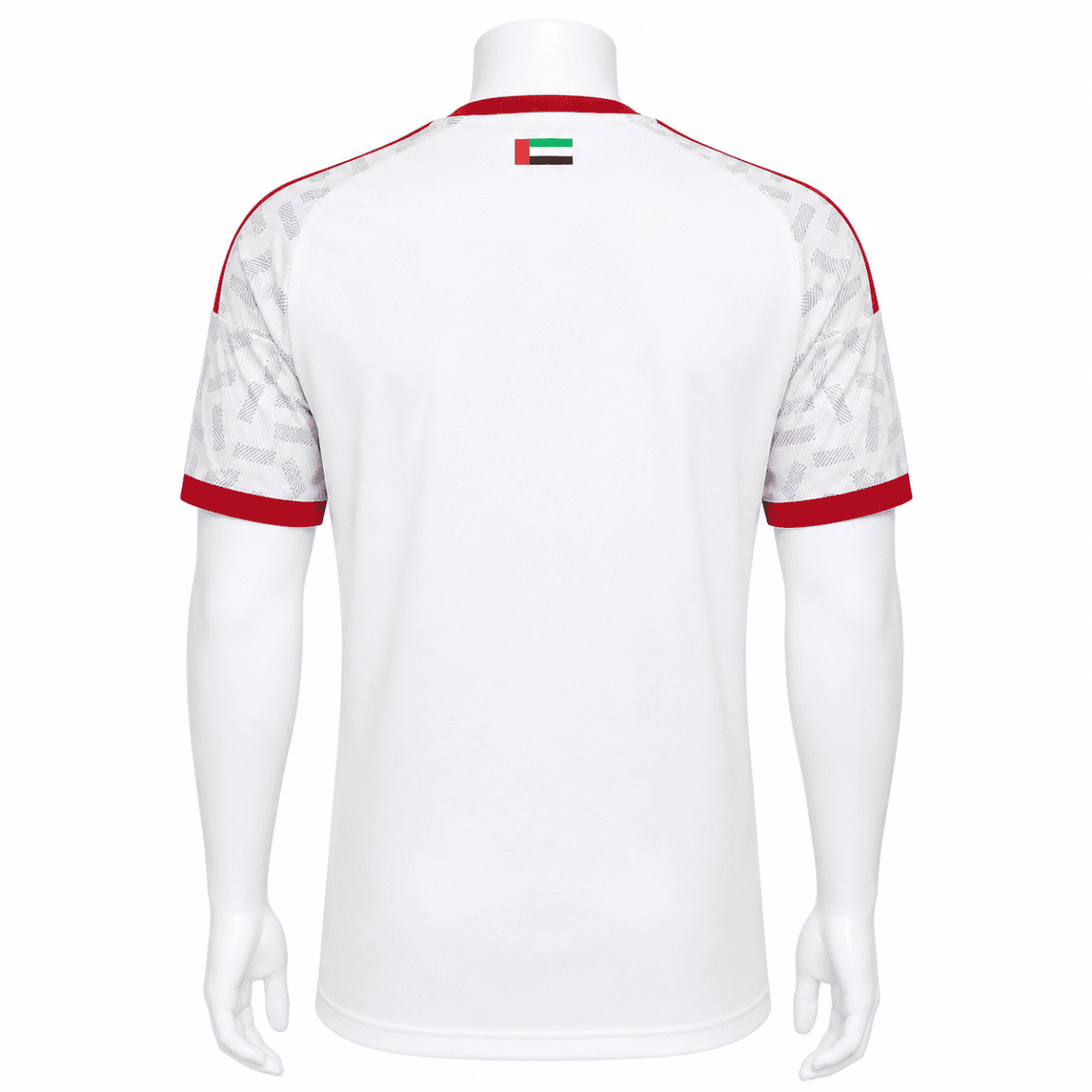 UAE national football team away jersey with red and white colors and flag detail.