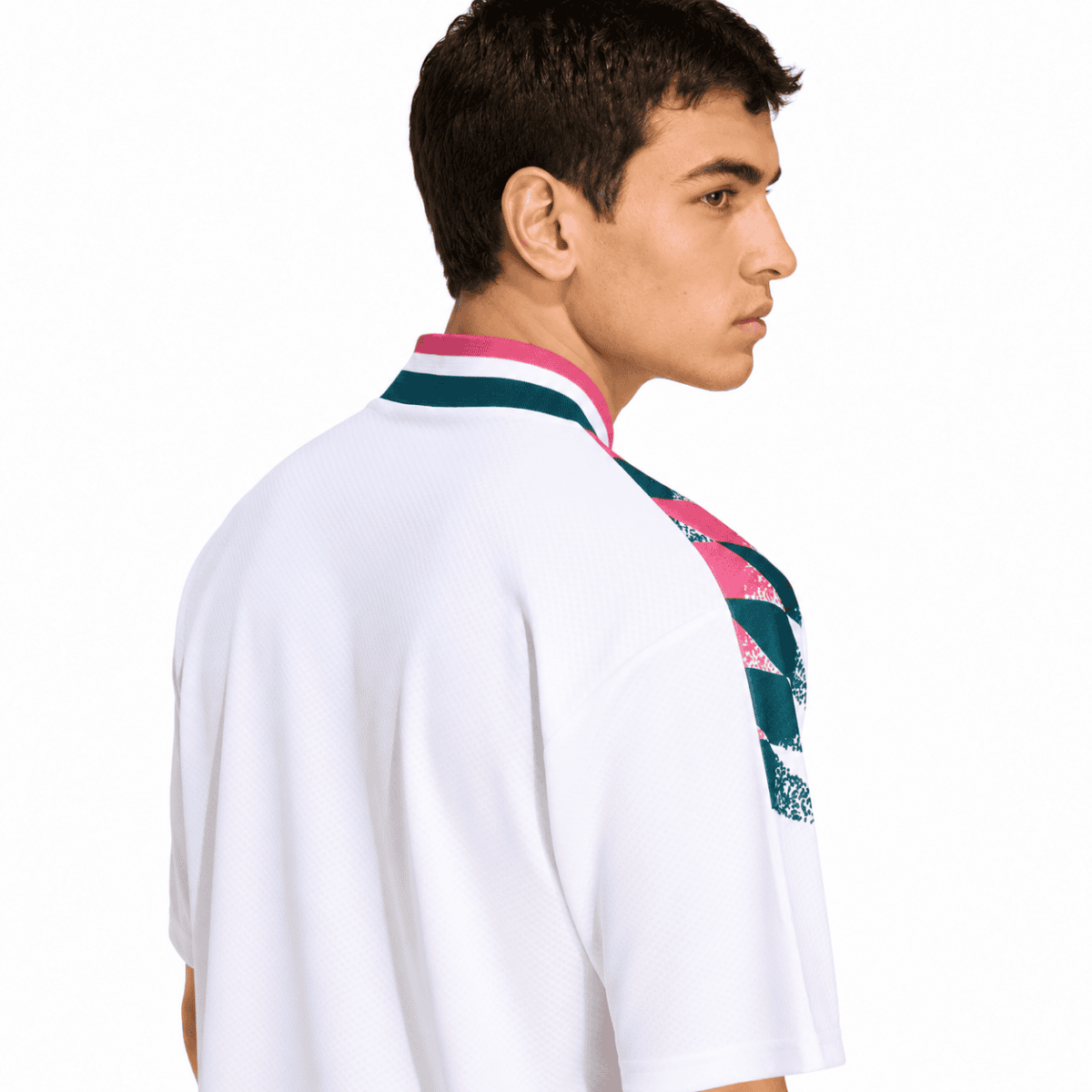 Real Madrid lifestyle jersey with pink, blue, and white colors, side view.
