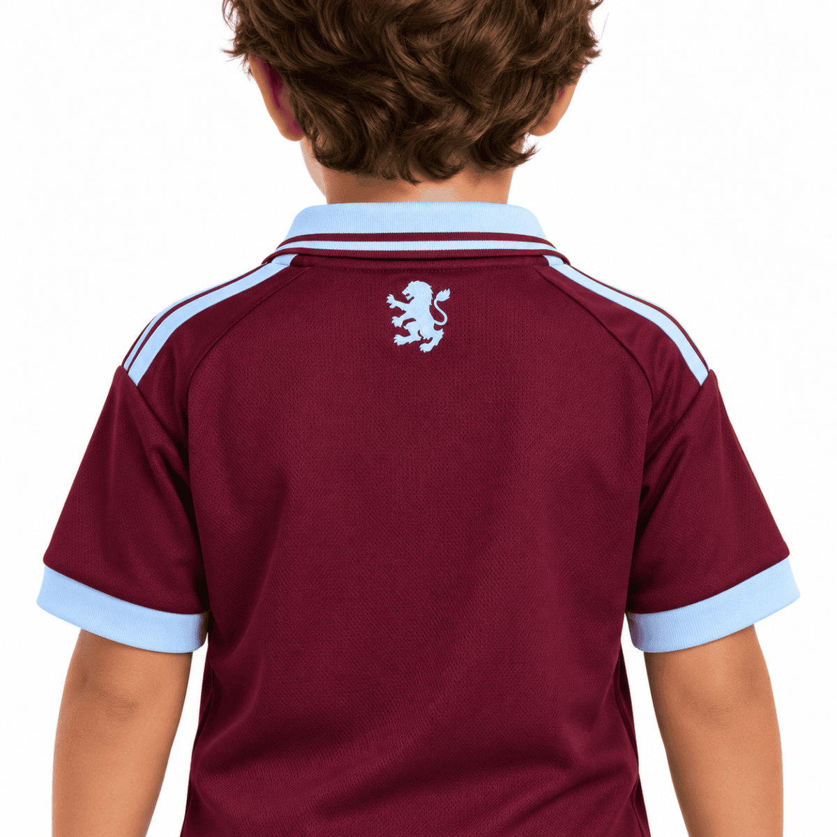 Child wearing Aston Villa home kids kit 2026/27 maroon jersey with light blue accents.