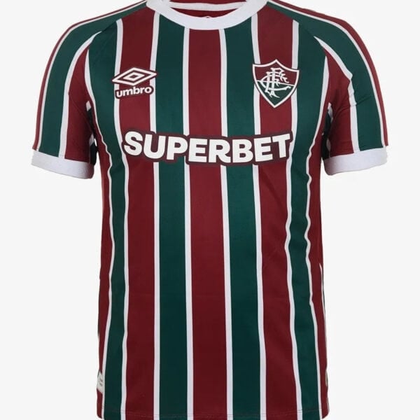 318RpnxyuzBf38jjpg - UAE SPORT STORE Fluminense home football jersey with red, green, and white vertical stripes.