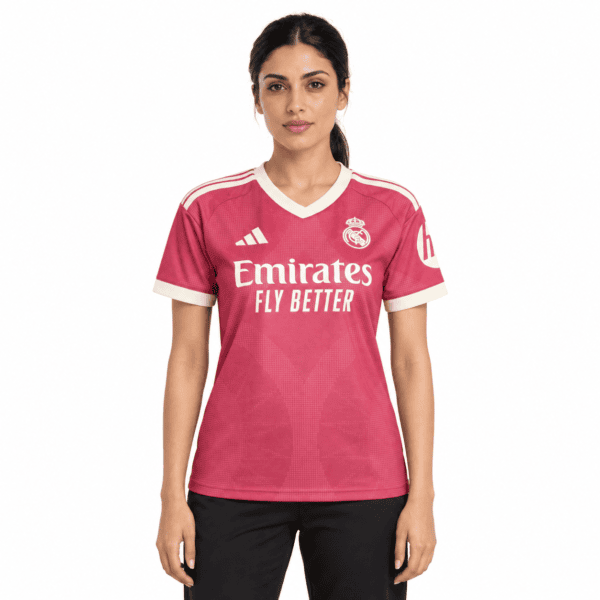 3193ddda-d4ef-48cd-b864-36eac0377172 - UAE SPORT STORE Real Madrid women's away football jersey pink with white accents and logo.