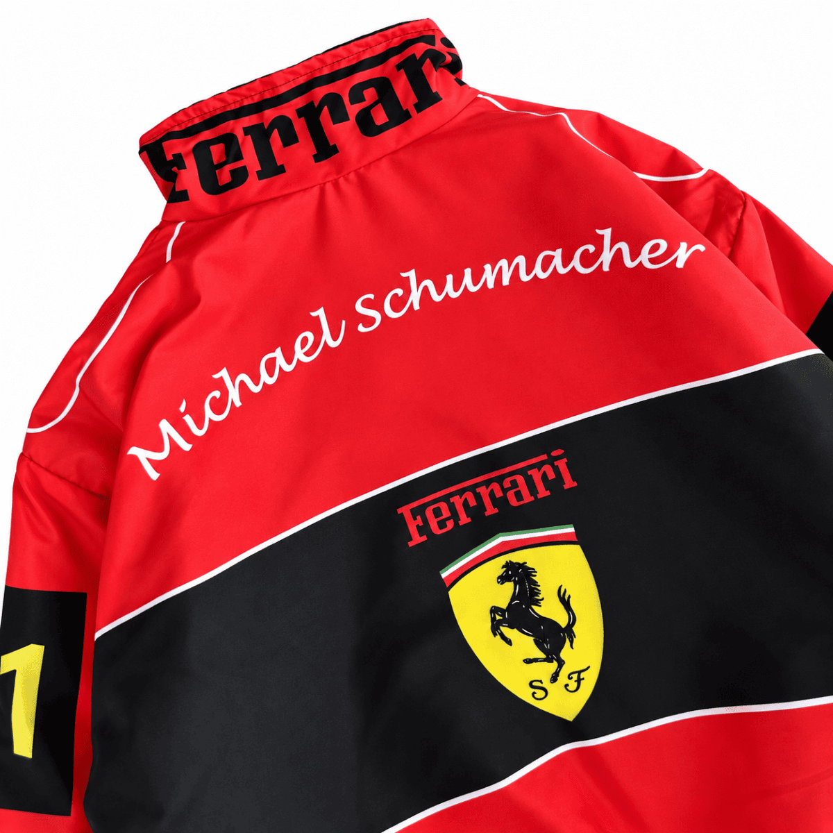 Ferrari Formula 1 team jacket with Schumacher name and logo, red and black colors.