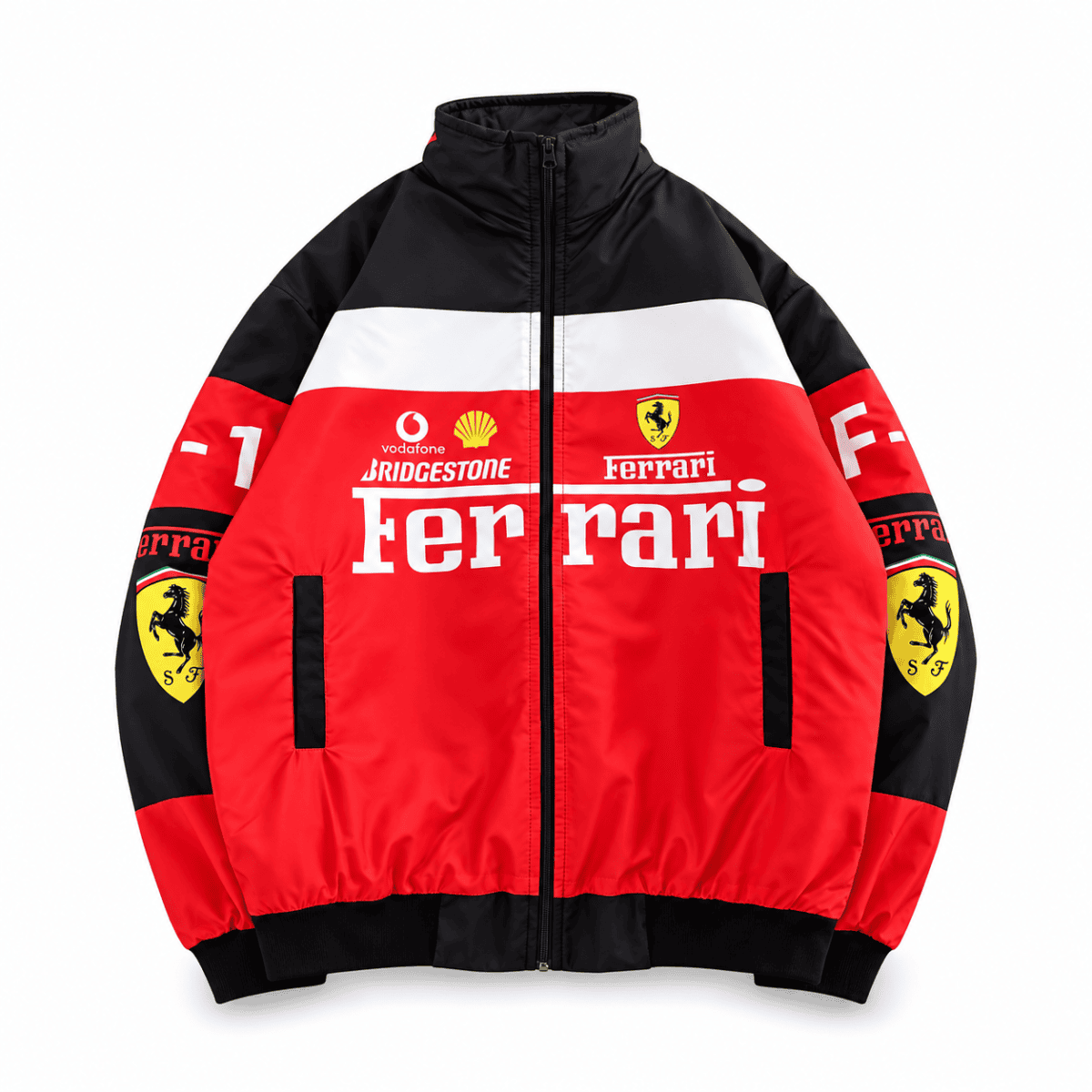 Ferrari team jacket with red, black, and white colors, Ferrari logo, and sponsor logos.