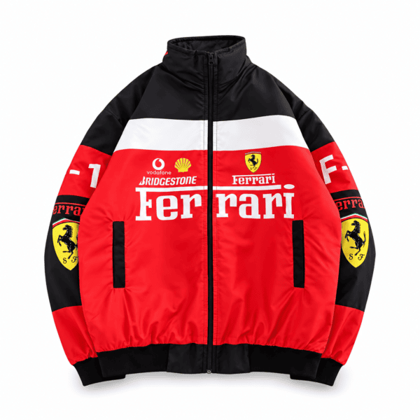 34f448fc-df22-4c52-8e45-d30677923962 - UAE SPORT STORE Ferrari team jacket with red, black, and white colors, Ferrari logo, and sponsor logos.
