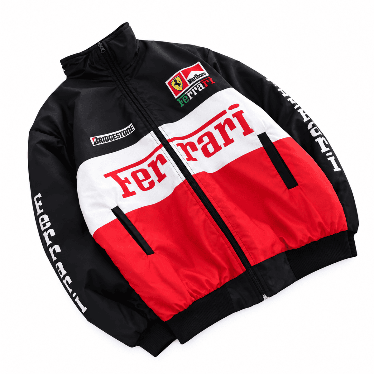 Ferrari branded black, white, and red racing jacket with sponsor logos.