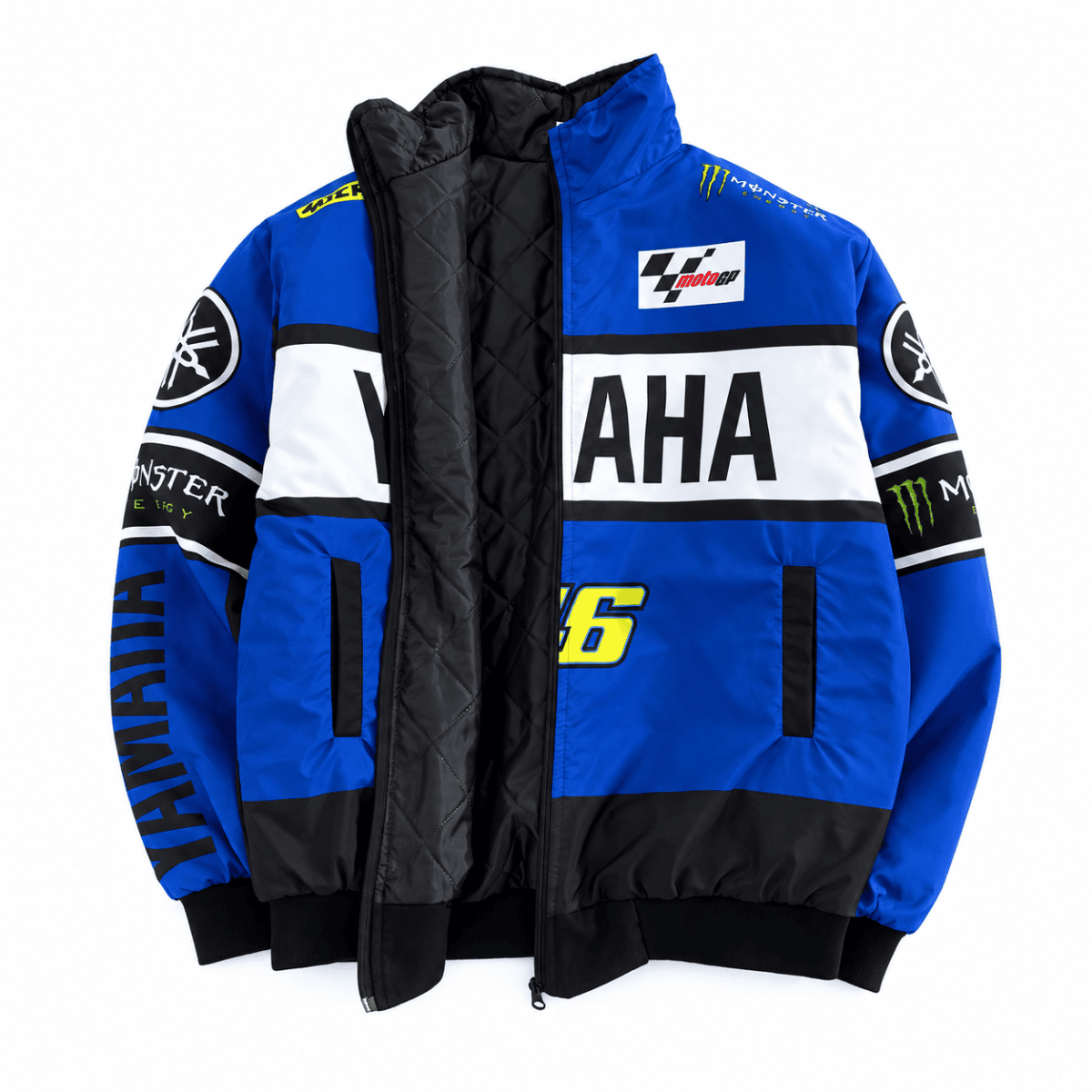 Blue and black Yamaha MotoGP racing jacket with sponsor logos and number 46.