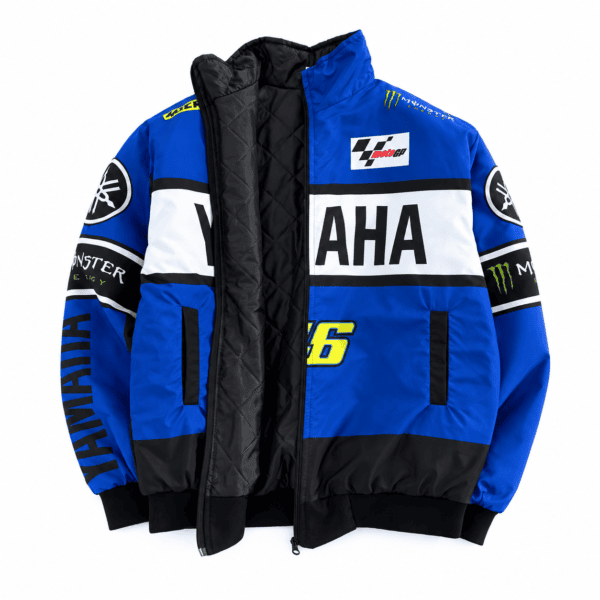 Blue and black Yamaha MotoGP racing jacket with sponsor logos and number 46.