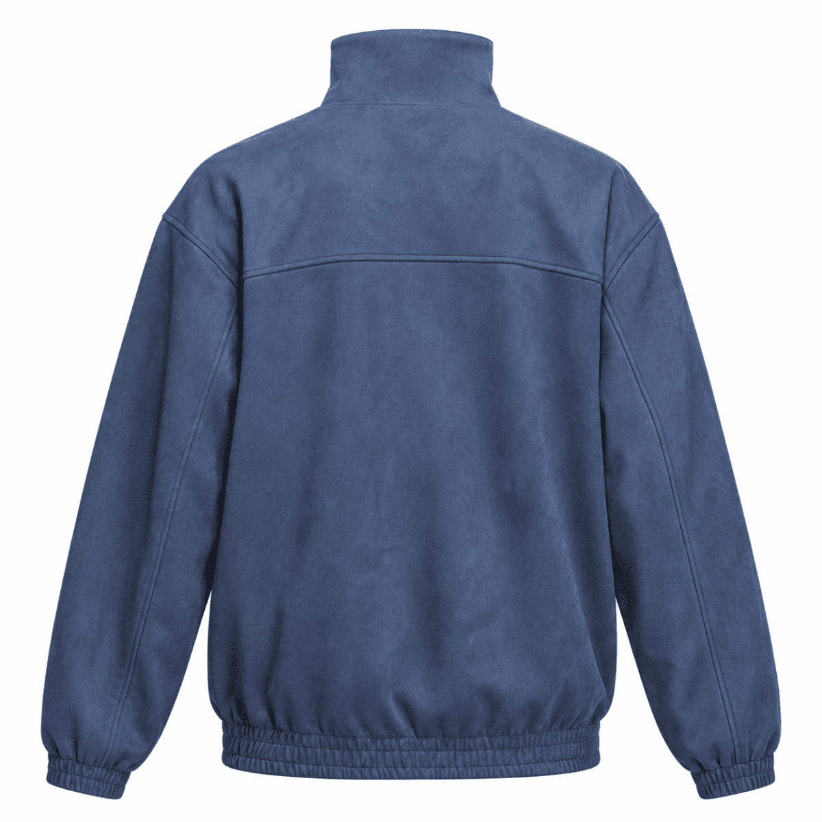 Blue sports jacket with high collar and elastic waistband.