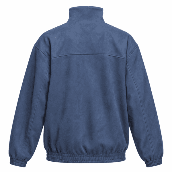 Blue sports jacket with high collar and elastic waistband.