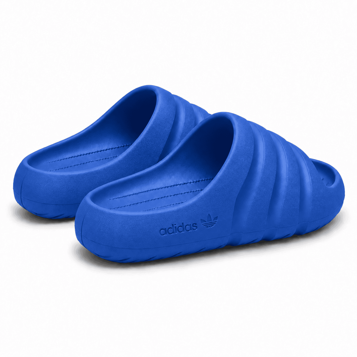 Blue Adidas Adilette Ayoon Slides with Bad Bunny logo on the side.