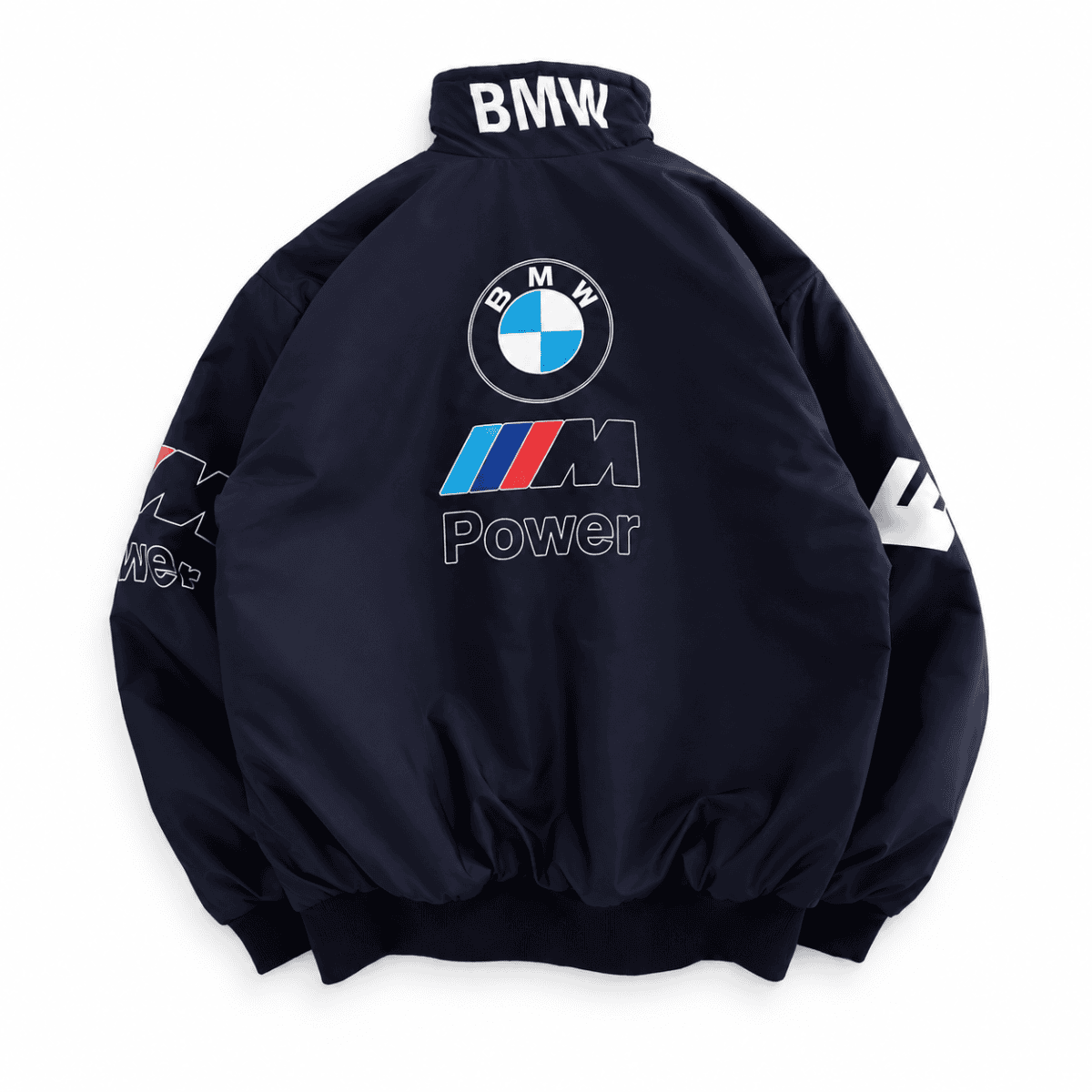 BMW M Power logo on a navy blue BMW jacket with sponsor and brand patches.