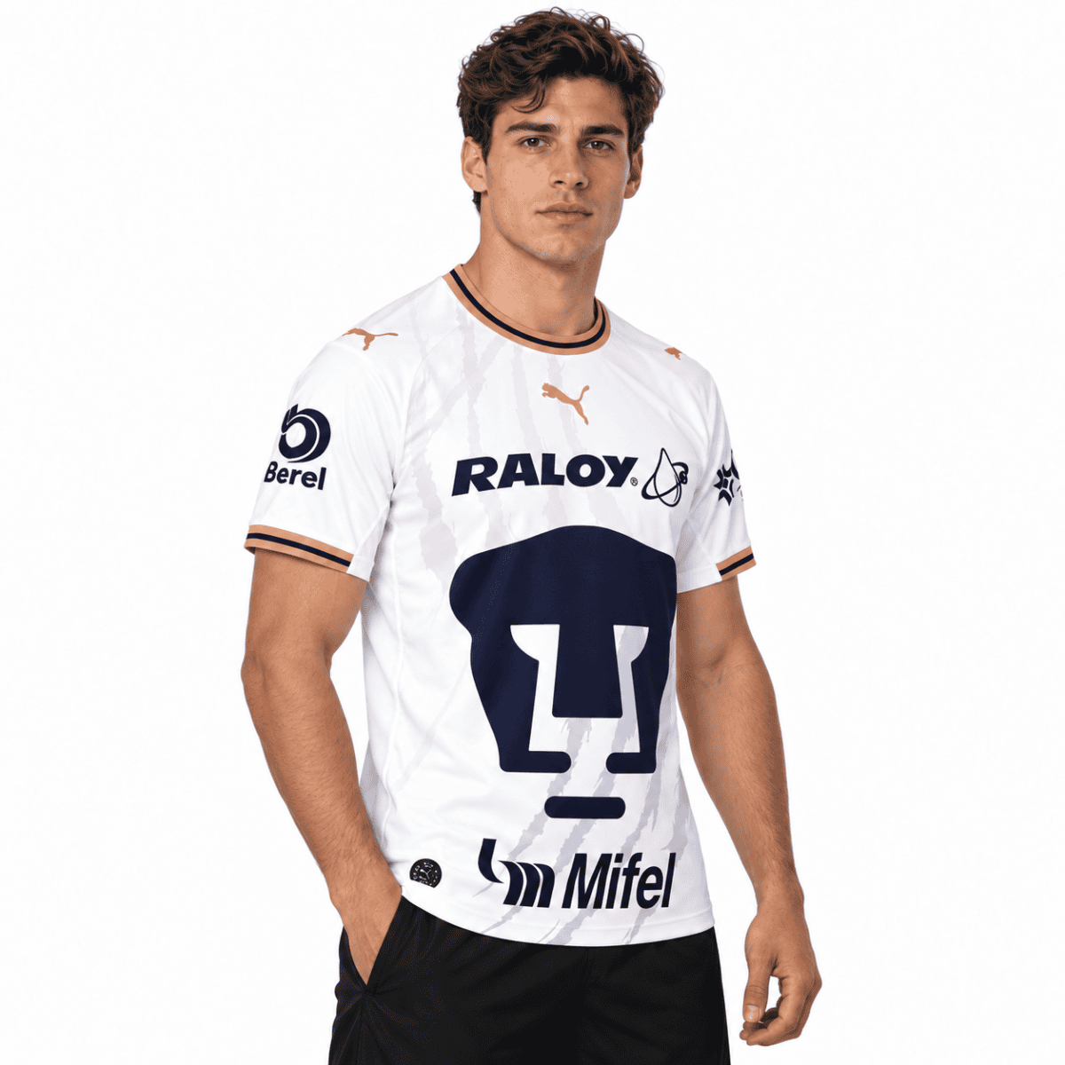 Pumas UNAM away jersey 2026/27 with white and navy colors, Puma logo, and sponsor logos.