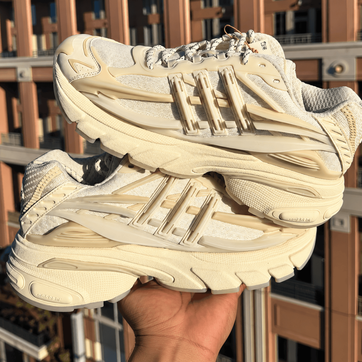 Adidas Adistar Jellyfish sneakers in Chalk White color, held outdoors with buildings in background.