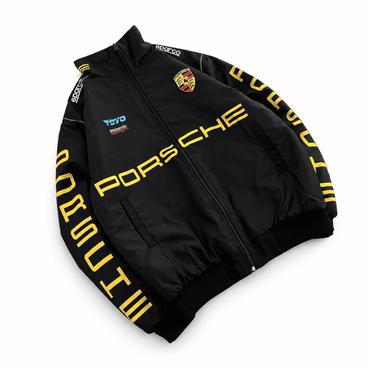Black Porsche racing jacket with yellow logo and text, front view.