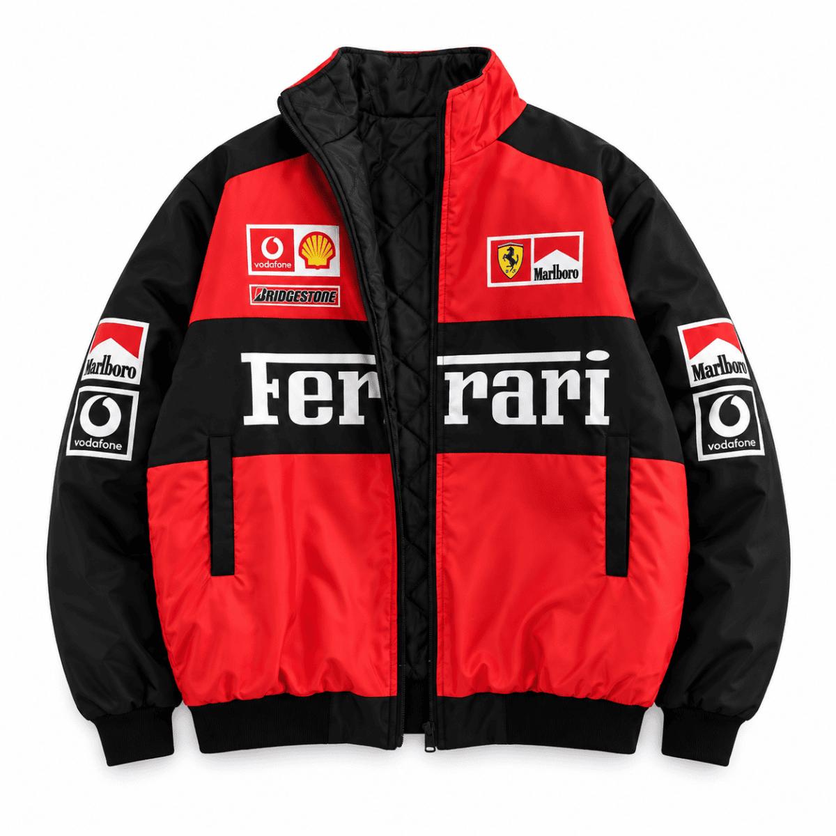 Ferrari team jacket with red and black colors, sponsor logos, and Ferrari emblem.
