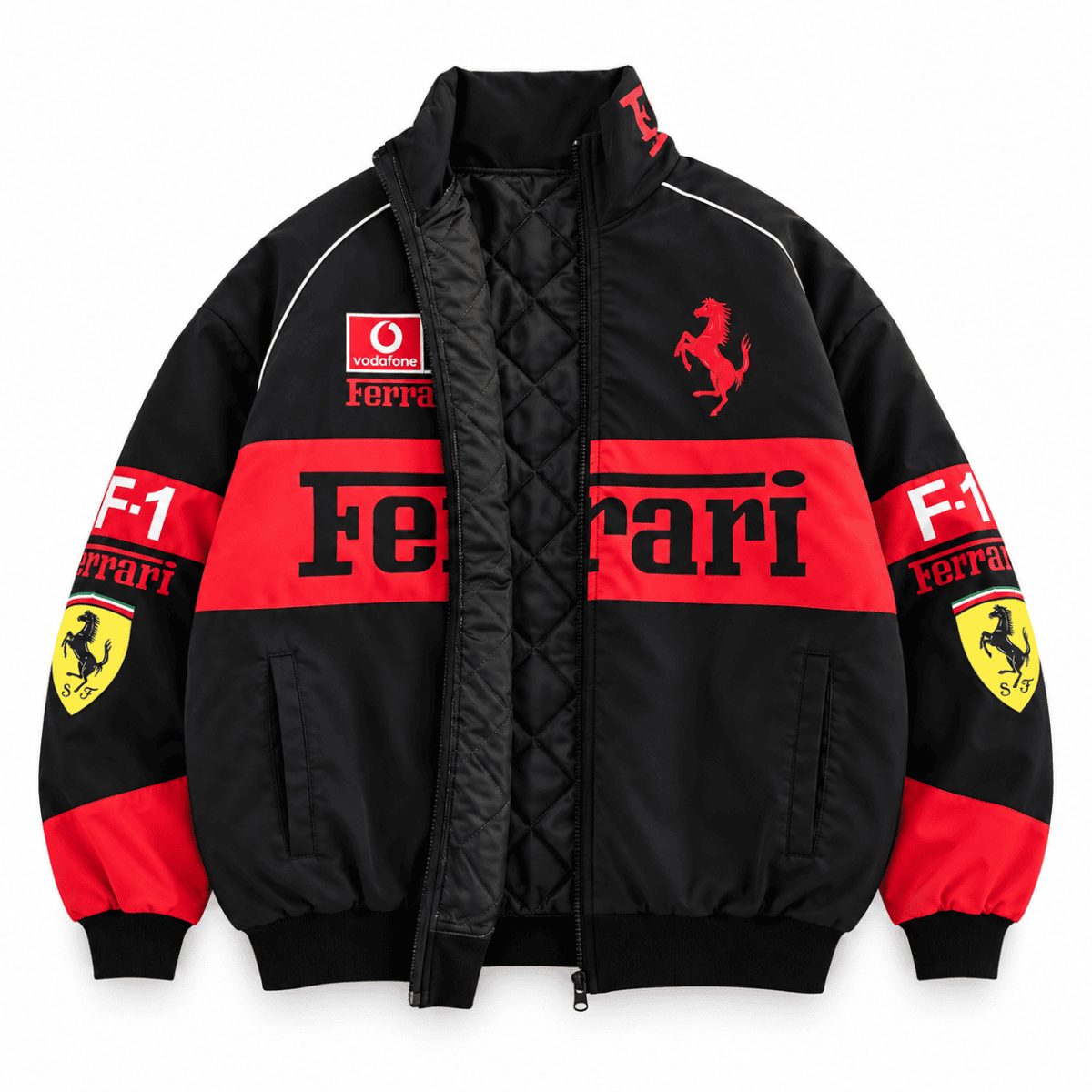 Black Ferrari Formula 1 team jacket with red and yellow logos and branding.