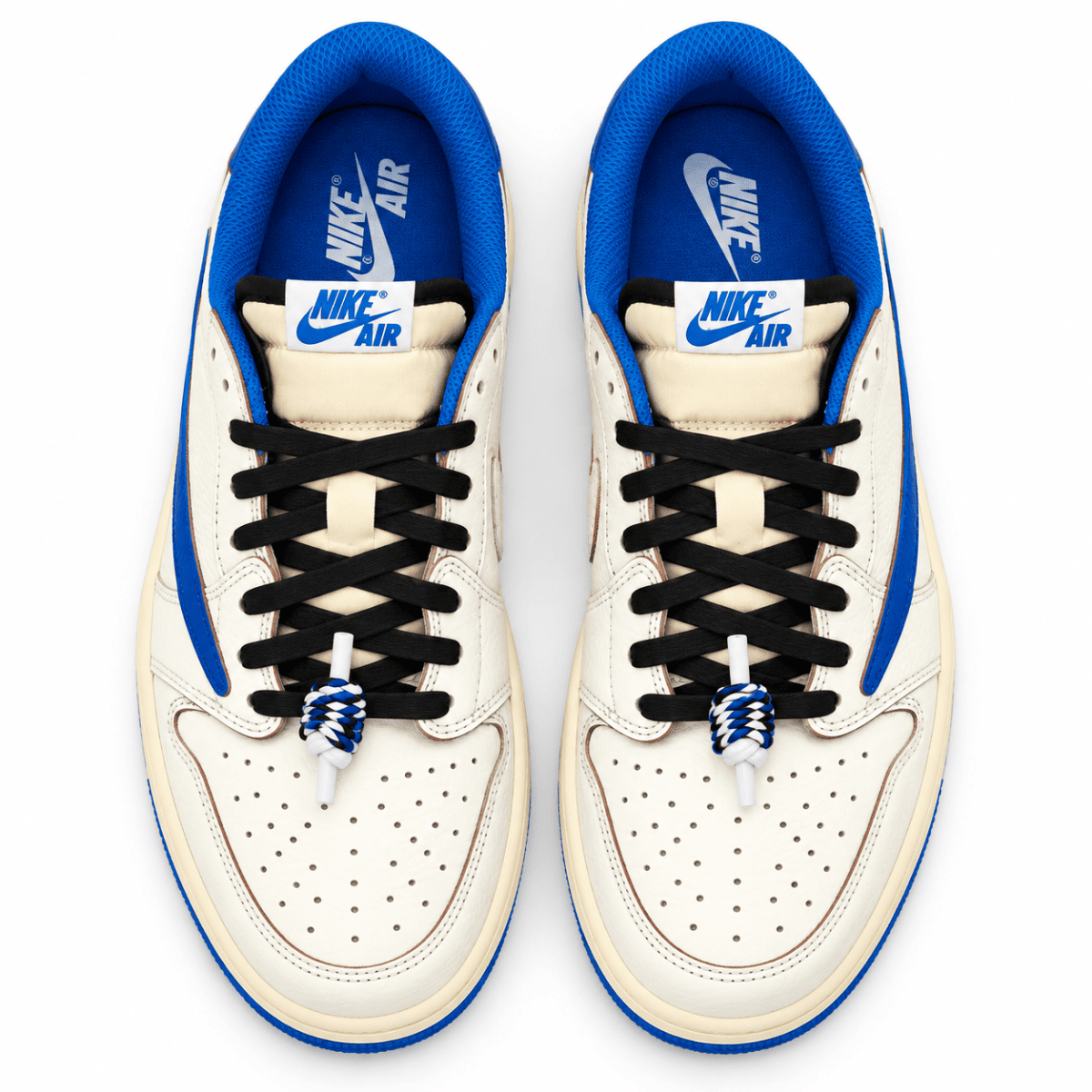 Travis Scott x Fragment x Air Jordan 1 Low OG sneakers in sail and military blue colors.