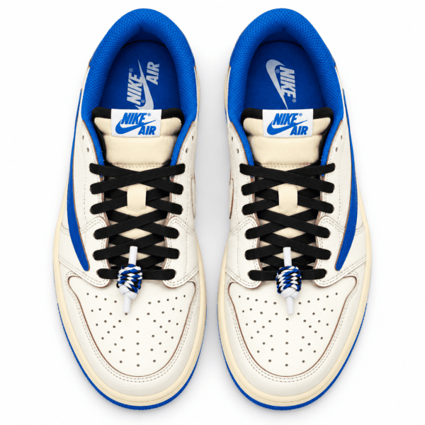 Travis Scott x Fragment x Air Jordan 1 Low OG sneakers in sail and military blue colors.