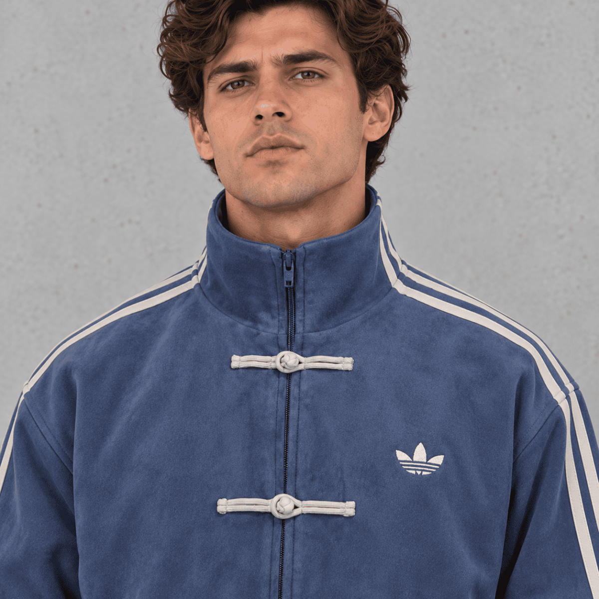 Man wearing blue Adidas track jacket with white stripes and trefoil logo.