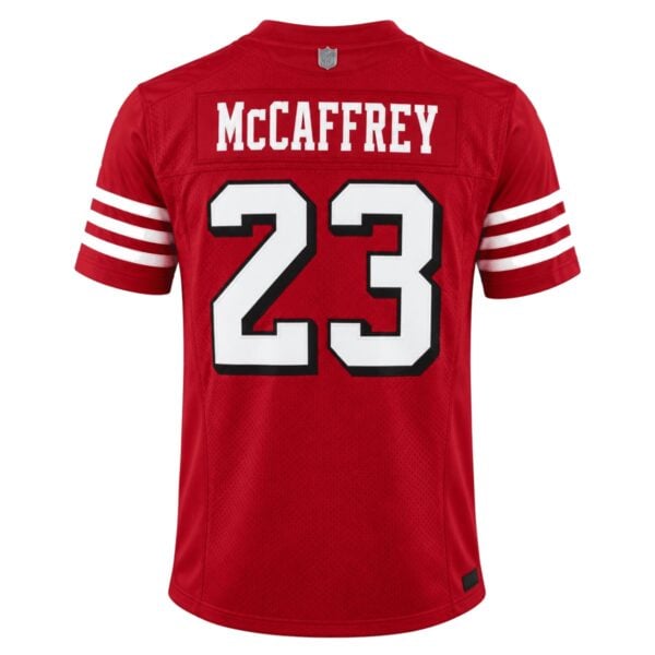San Francisco 49ers Christian McCaffrey Vapor F.U.S.E. alternate jersey back view with MCCAFFREY nameplate