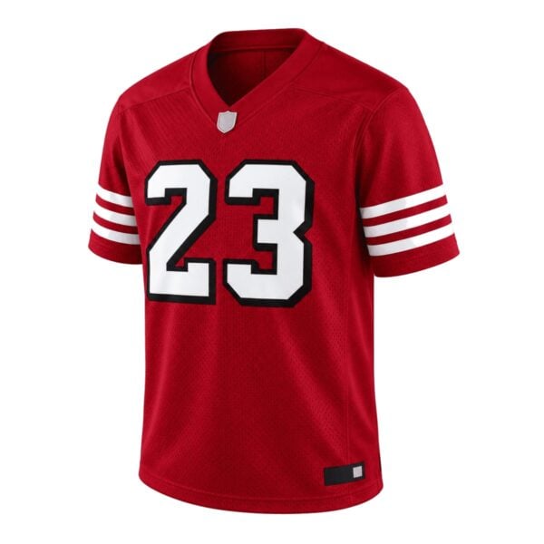 San Francisco 49ers Christian McCaffrey Vapor FUSE alternate jersey front view in scarlet red - UAE SPORT STORE San Francisco 49ers Christian McCaffrey Vapor F.U.S.E. alternate jersey front view in scarlet red