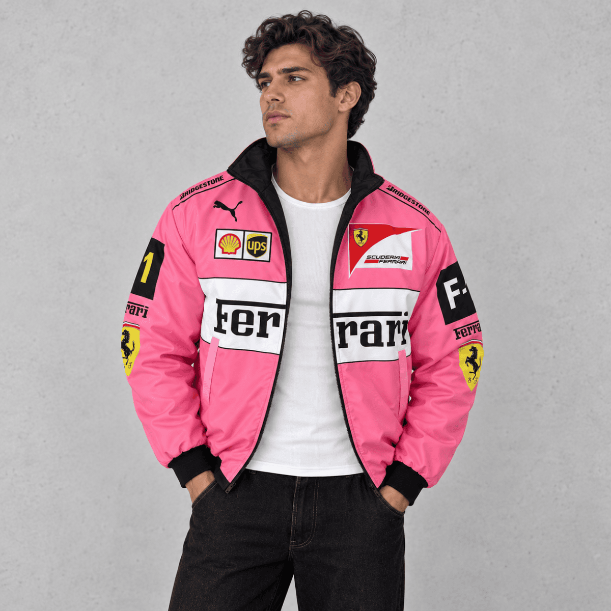 Pink Ferrari Formula 1 team jacket with sponsor logos and black accents.