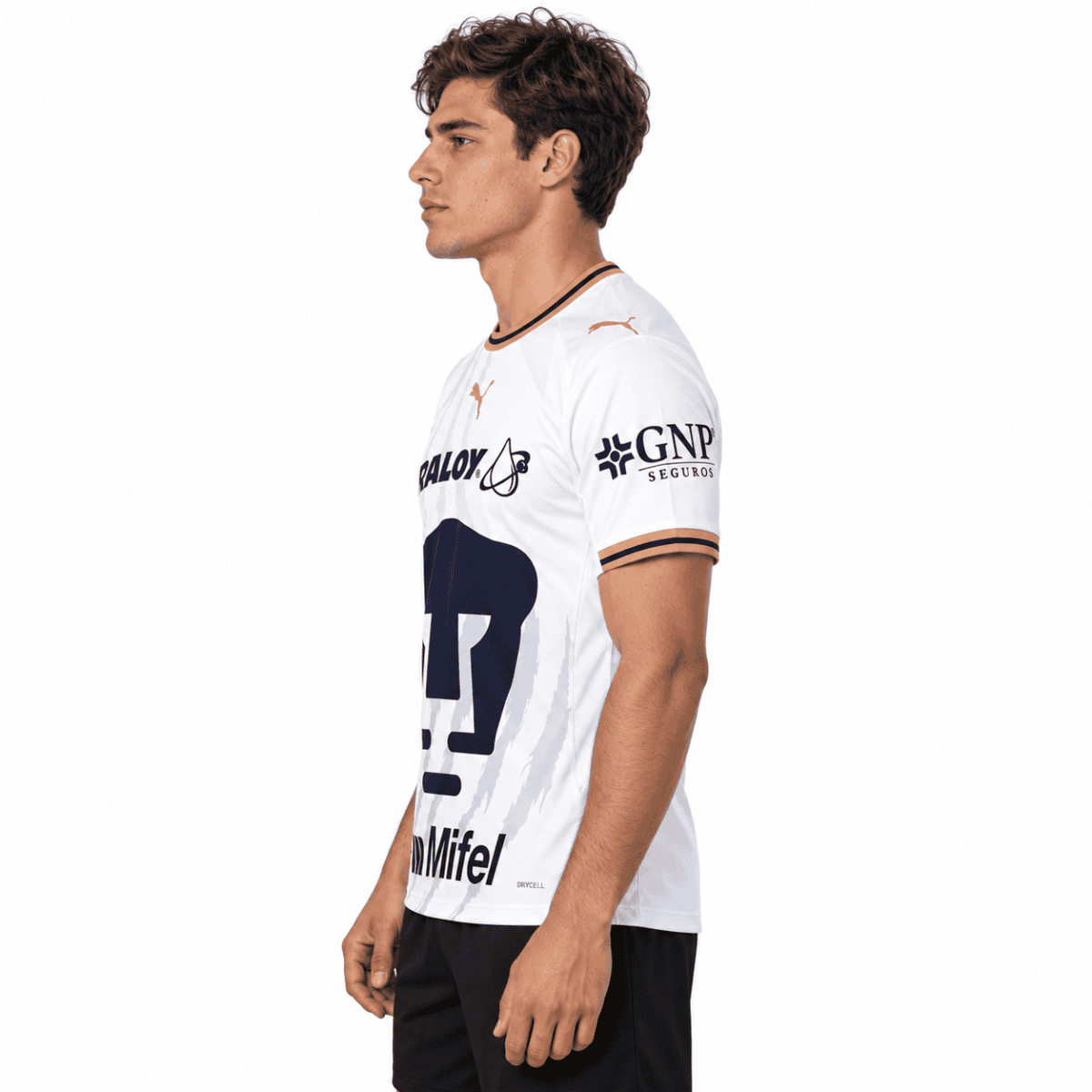 Pumas UNAM away football jersey, white with navy and gold accents, season 2026/27.