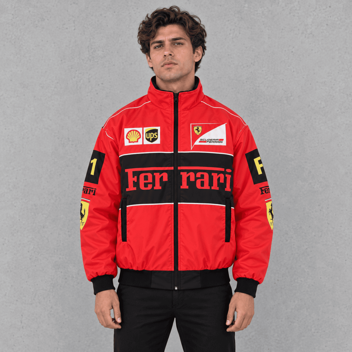 Red Ferrari Formula 1 team jacket with sponsor logos and black accents.