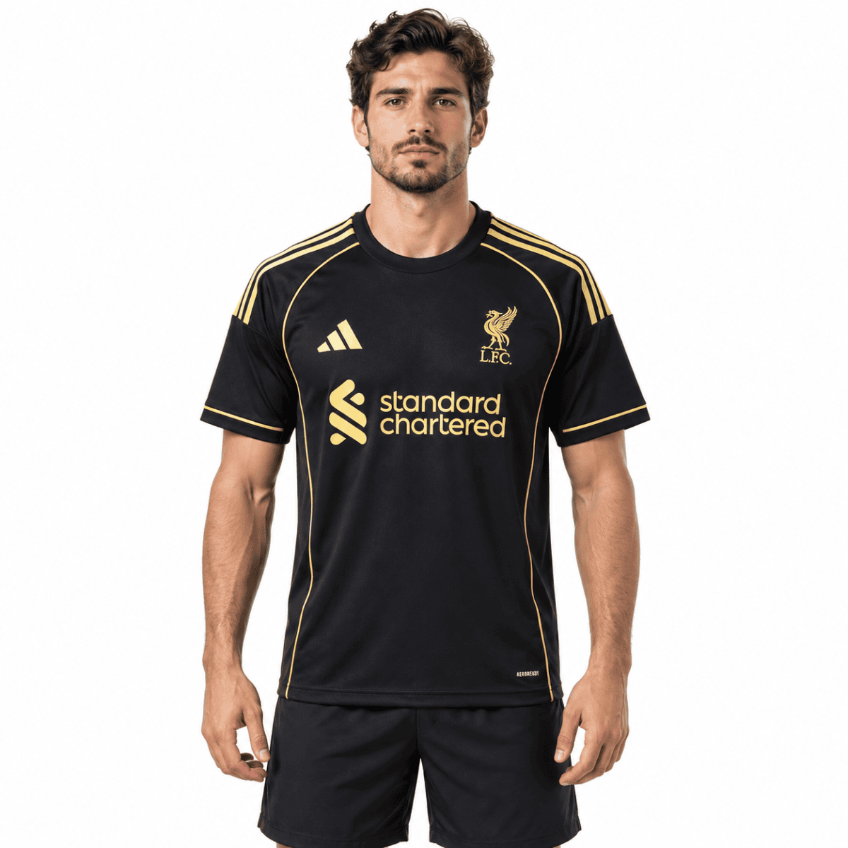Liverpool FC black away jersey with gold accents, season 2025/26.