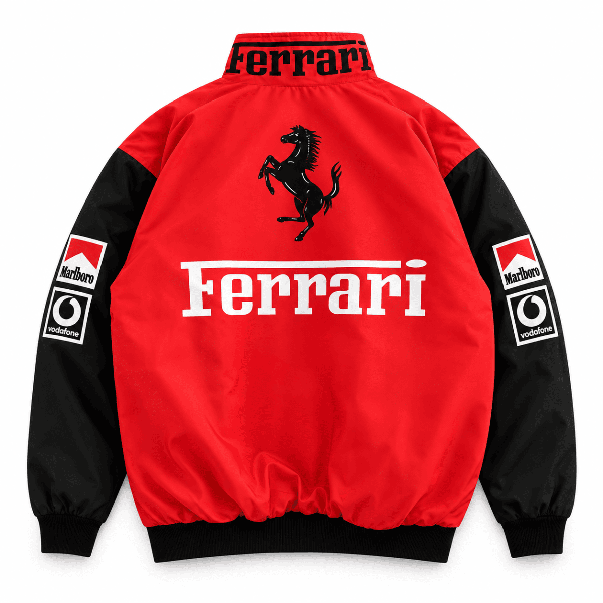 Ferrari team jacket with black sleeves and red body, Ferrari logo on back.