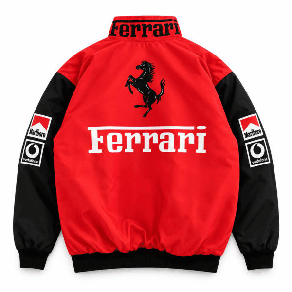 Ferrari team jacket with black sleeves and red body, Ferrari logo on back.