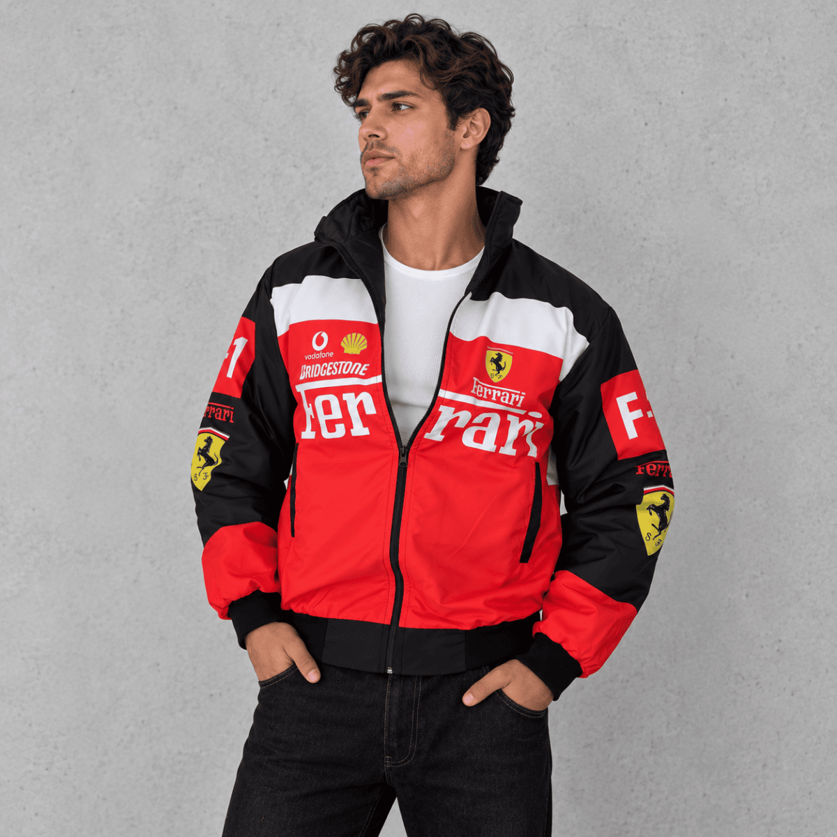 Man wearing Ferrari Formula 1 team jacket with red, black, and white colors.