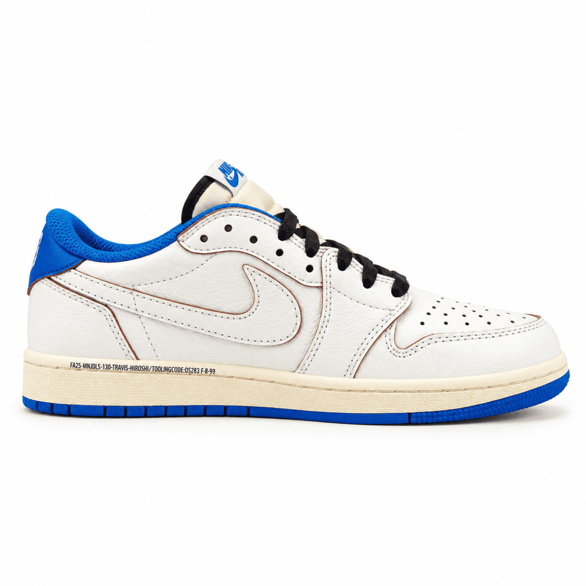 Nike Air Jordan 1 Low OG sneaker in sail, black, and blue colors.