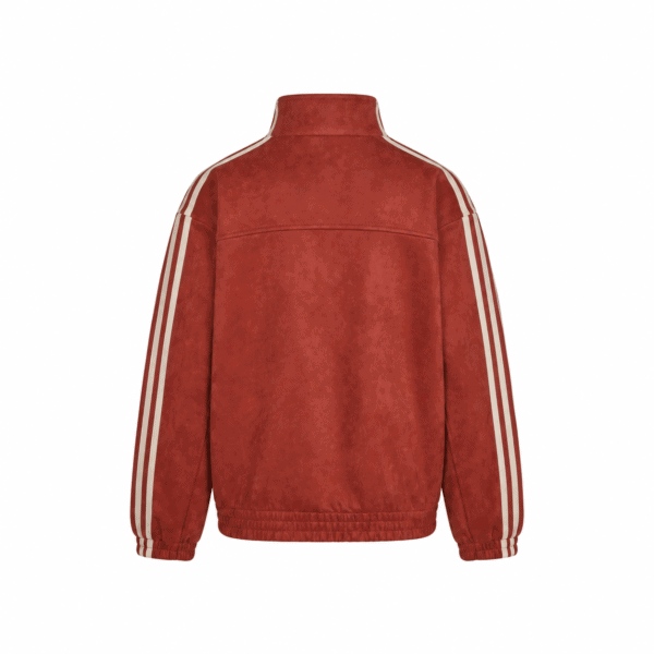 Red sports jacket with white stripes on sleeves, back view.