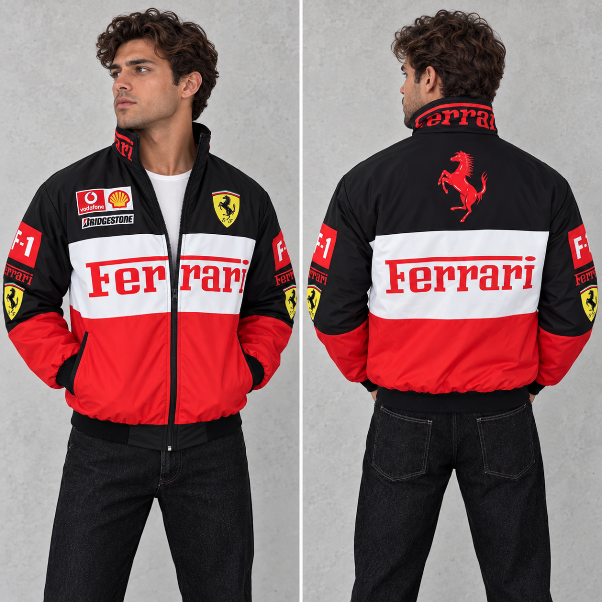 Ferrari Formula 1 team jacket with black, white, and red colors, Ferrari logo on back.