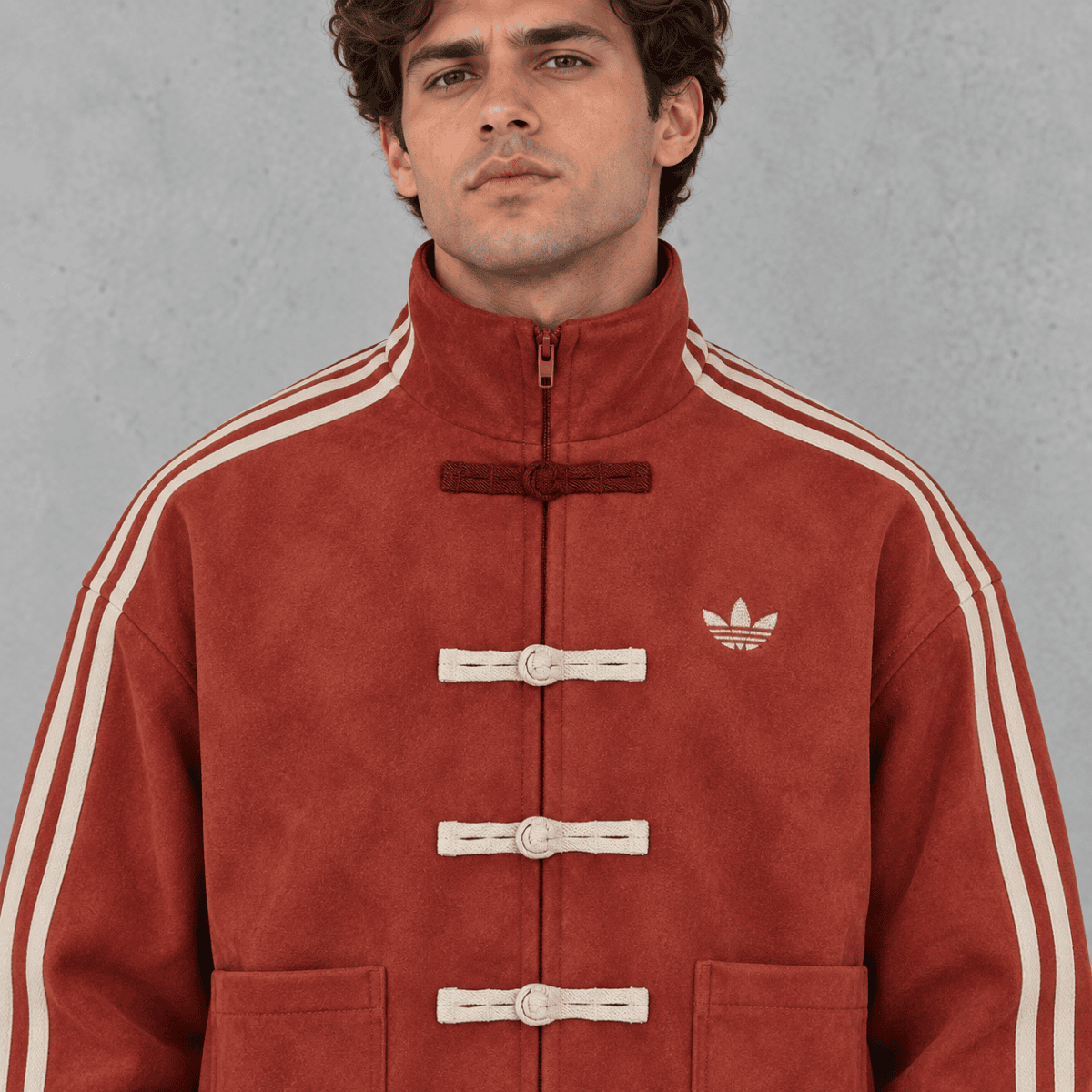 Man wearing a vintage red Adidas track jacket with white stripes and logo.